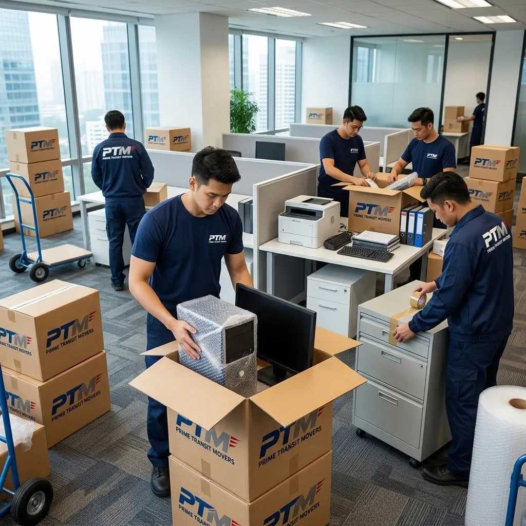 Movers efficiently packing filing cabinets in a bright commercial office space