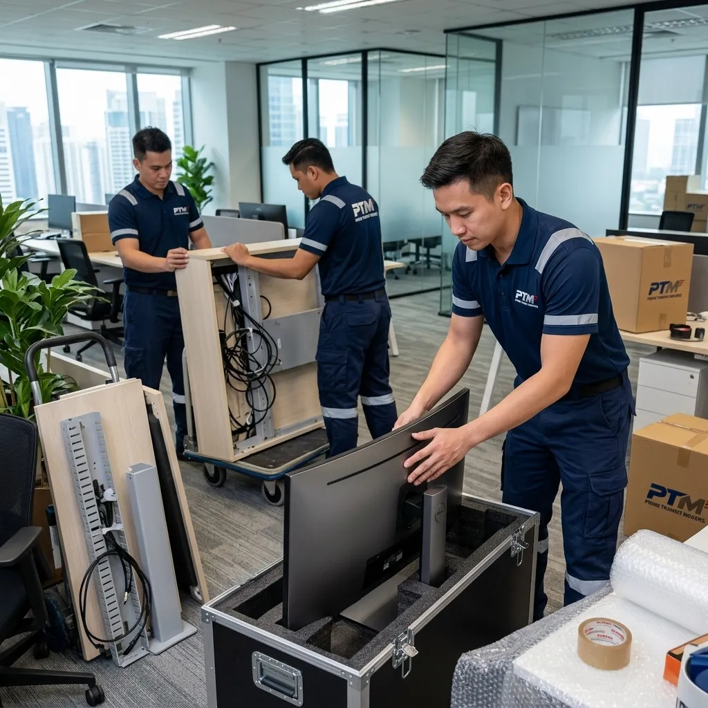 Movers carefully relocating computer monitors and modular office furniture