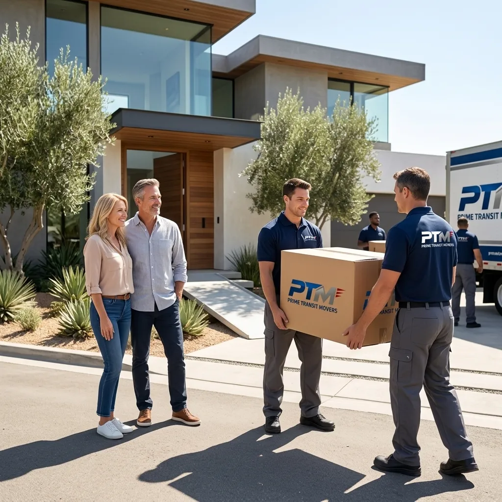 Smiling family watching professional movers move sofa and boxes out of home