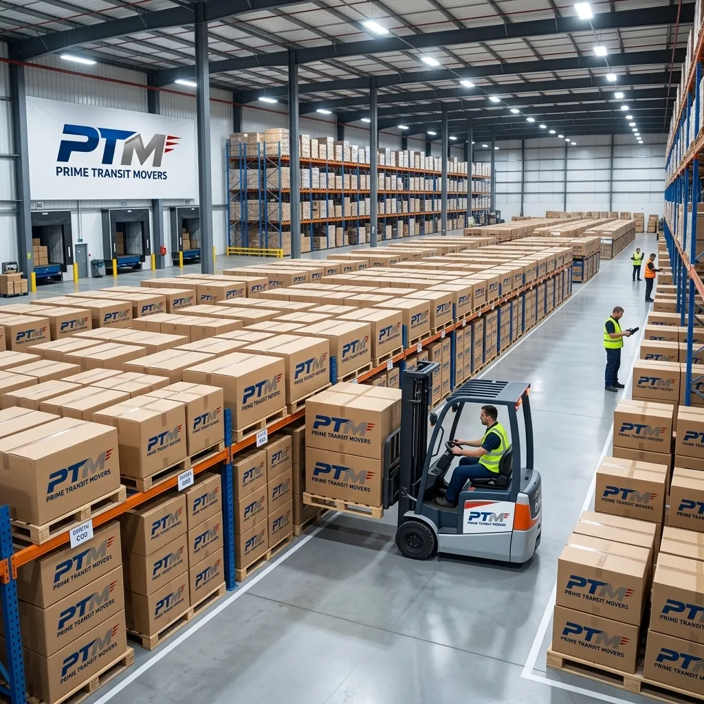 Organized moving logistics warehouse with packed boxes and forklift