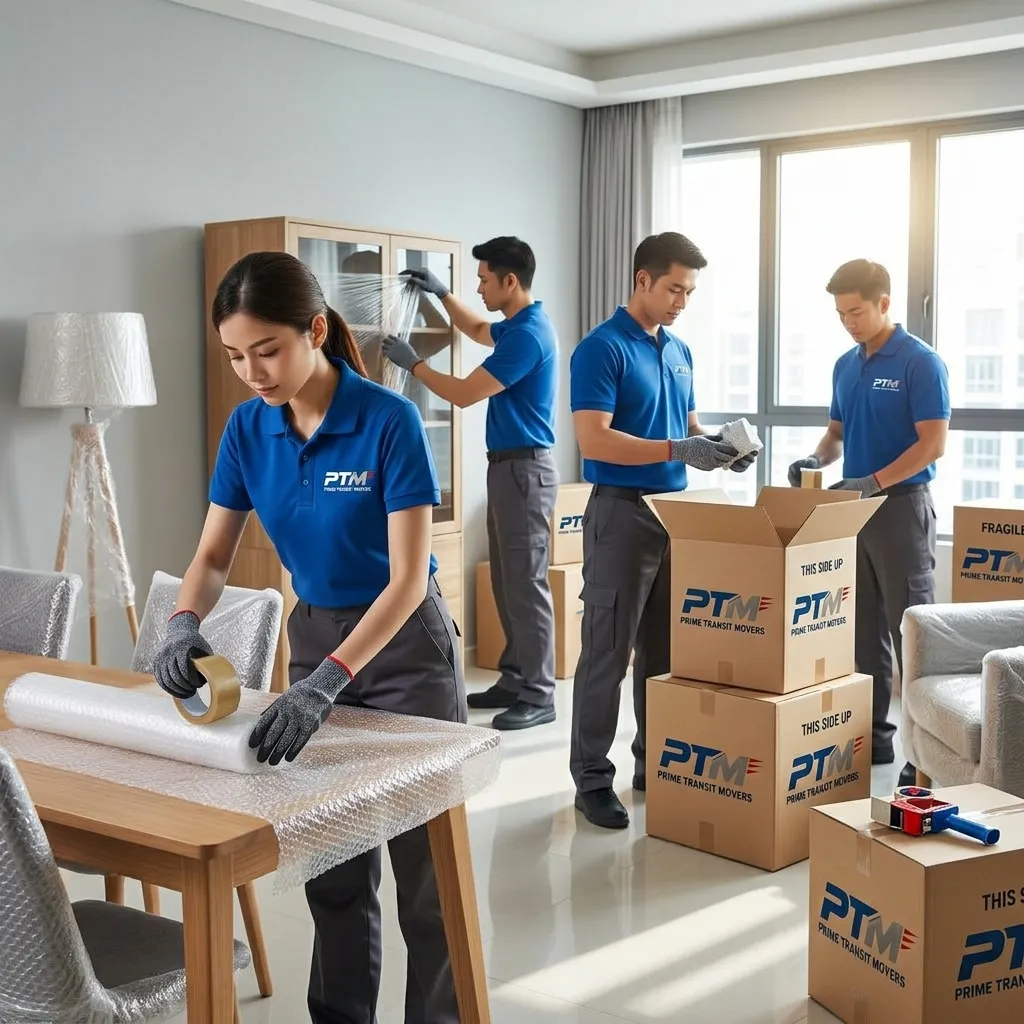 Professional packers in uniform carefully wrapping furniture and boxes
