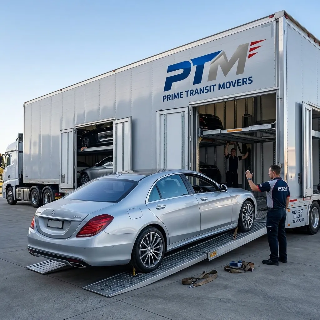 Luxury car securely loaded onto specialized enclosed vehicle transport carrier